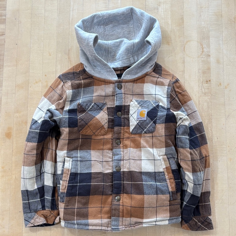 Carhartt Boy's Long Sleeve Hooded Flannel Button-Front Shirt Jacket Size 6 XS